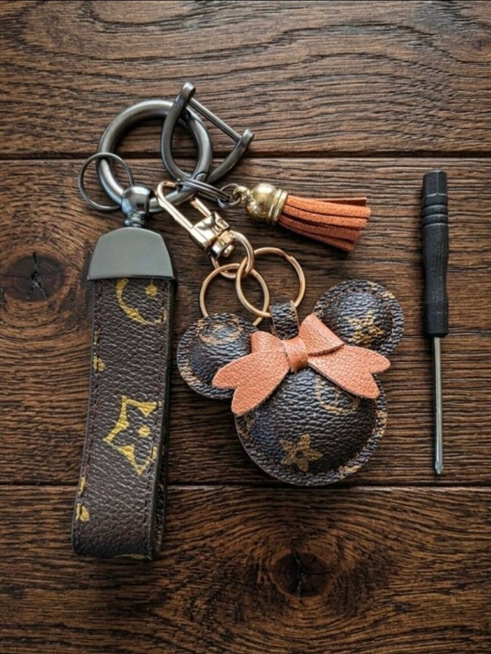 Minnie Mouse Keychain with Gunmetal & Gold Hardware, Tassel, Strap and Key Rings